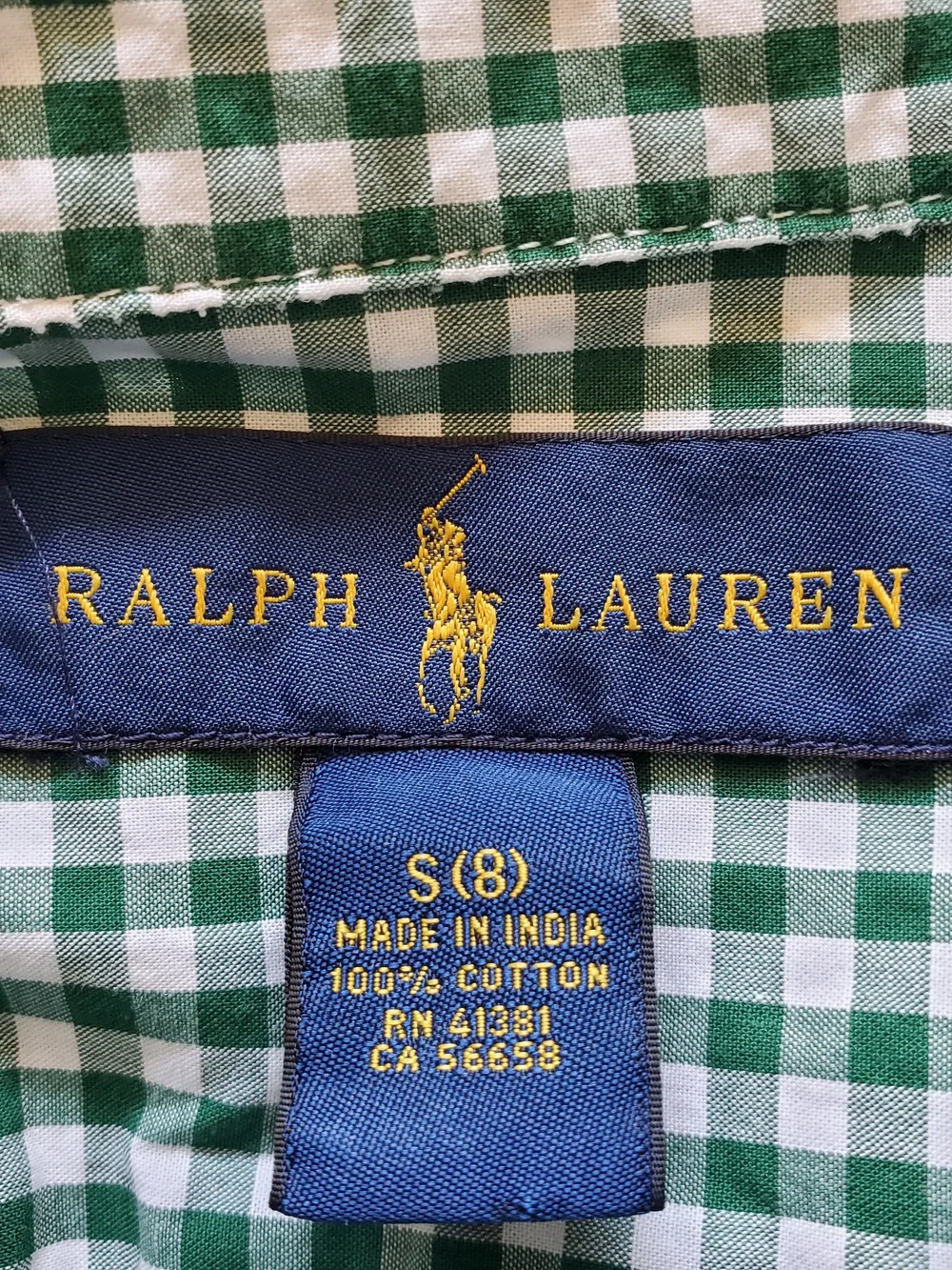 Ralph Lauren Green and White Gingham Button-Down with Orange Polo Logo. Sz 8